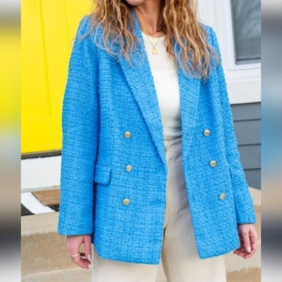 H&M Blue Tweed Double Breasted Bouclé Jacket Long Sleeve M - Picture 2 of 7